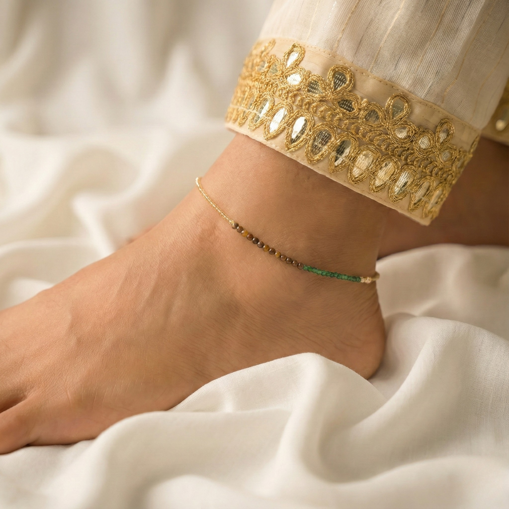 Dhanyog wealth-attracting couple's set including matching multi-crystal bracelets and anklets for financial success and abundance.