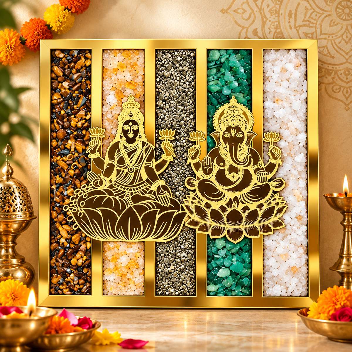 Dhan Yog Laxmi Ji & Ganesh Ji Frame | Premium Golden Wall Decor
