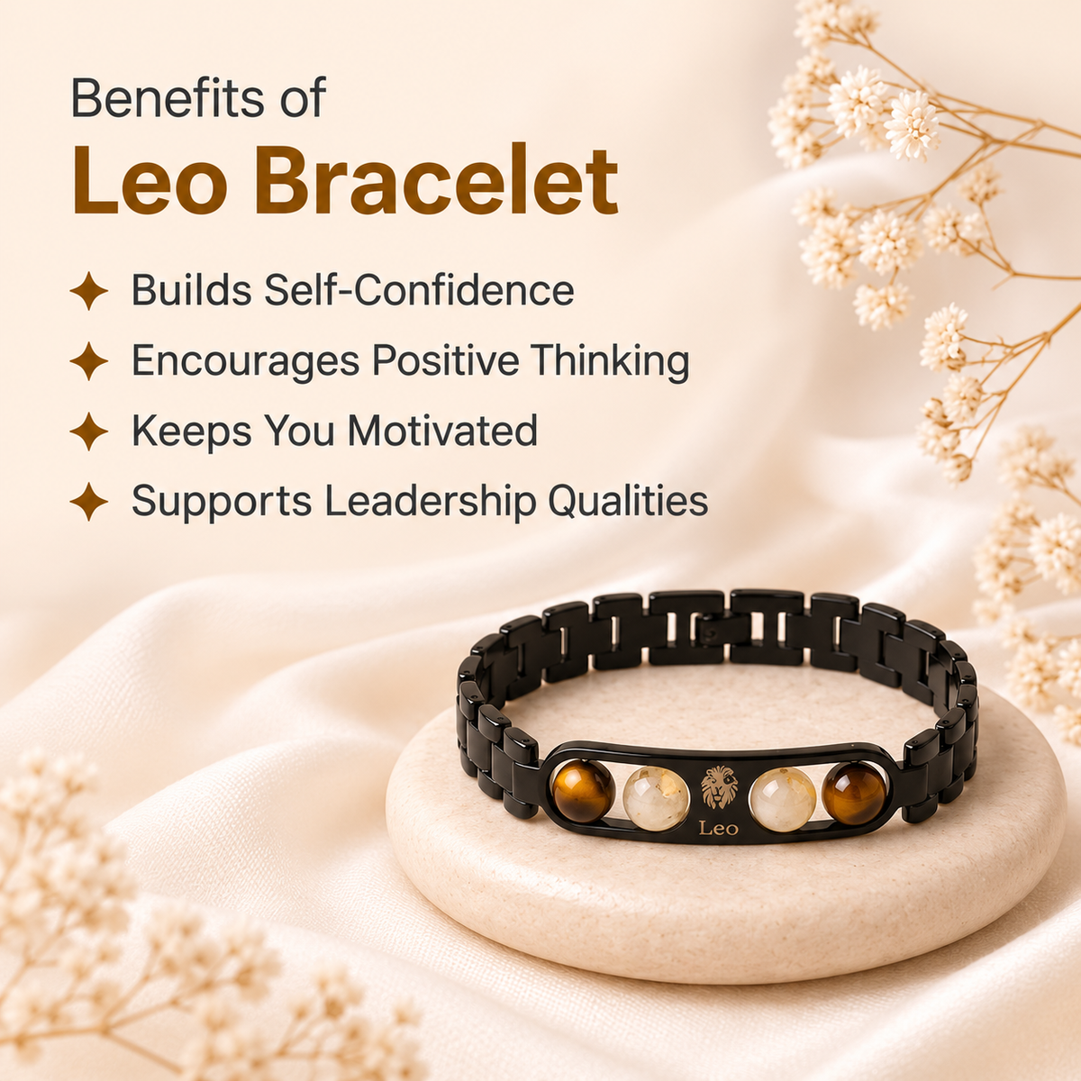 Leo Zodiac Metal Bracelet with Free Raw Selenite Plate