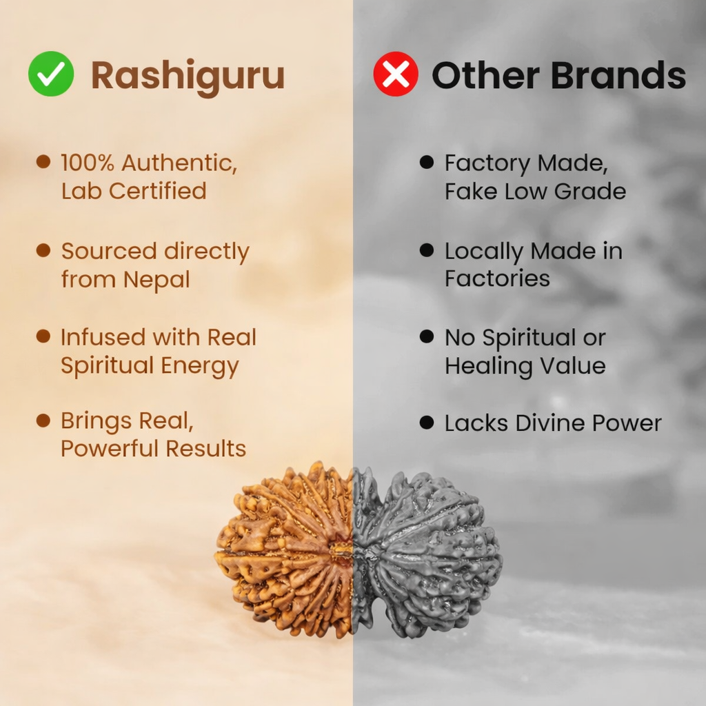 A rare Siddh 18 Mukhi Rudraksha bead from Nepal, representing Mother Earth (Bhumi Devi). The image displays a large, robust brown seed with 18 clear, natural grooves running vertically across its surface, symbolizing stability and abundance.