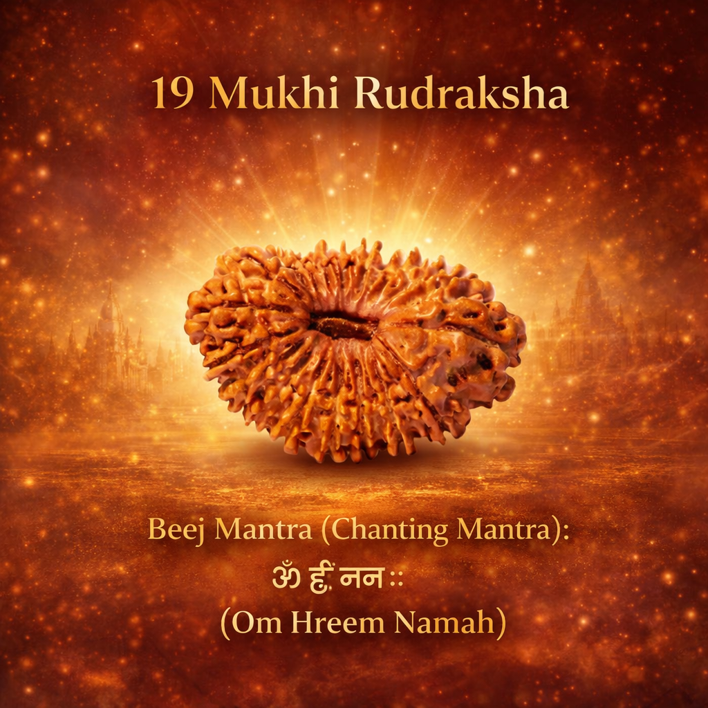 A rare, high-quality Siddh 19 Mukhi Rudraksha bead from Nepal. The image shows a large, well-rounded brown seed with 19 clearly defined natural grooves or 'faces' running from top to bottom, signifying its authenticity and premium collector grade.