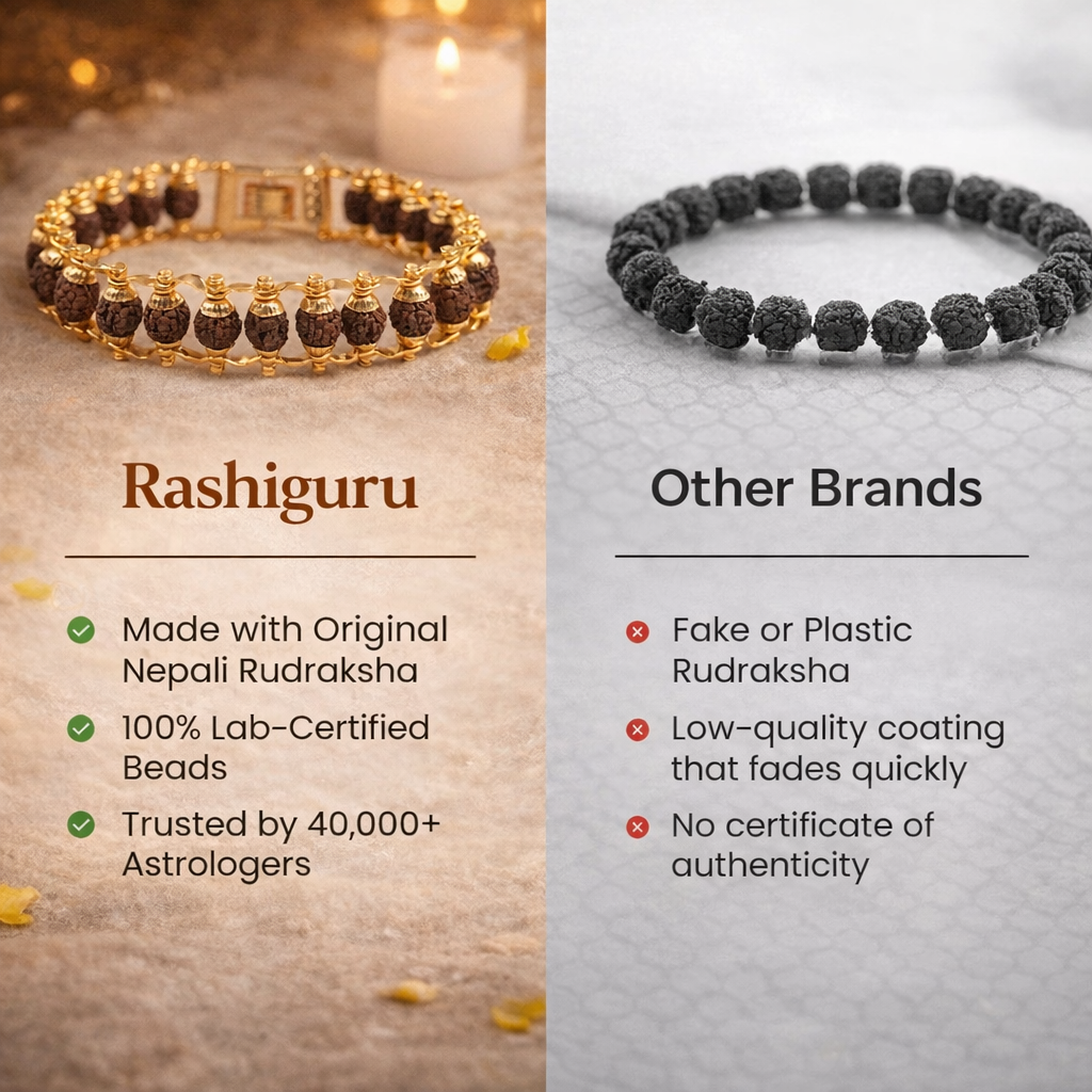 A premium Gold Plated Rudraksha bracelet featuring natural brown 5-faced (Panchmukhi) beads. Each bead is delicately encased in high-polish gold-plated caps and connected by a sturdy gold-toned chain, secured with a classic lobster claw clasp.