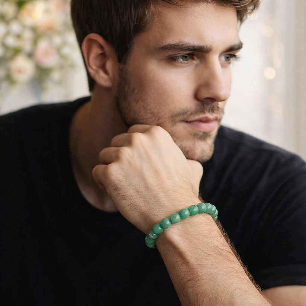 A pair of natural Green Aventurine beaded bracelets designed as a matching set for couples to attract luck and harmony.