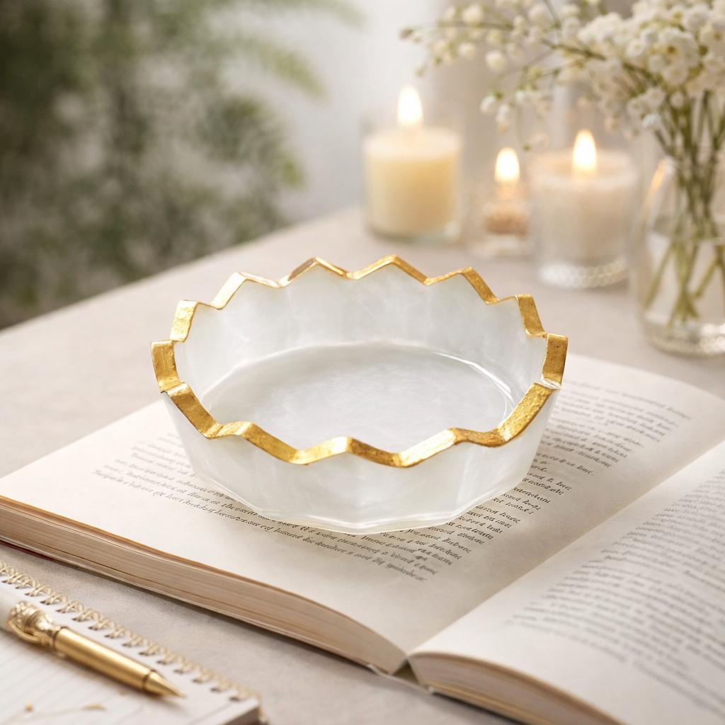 Selenite Charging Bowl with Gold Rim, 3 Inch Natural White Stone Bowl for Crystal Cleansing, Healing