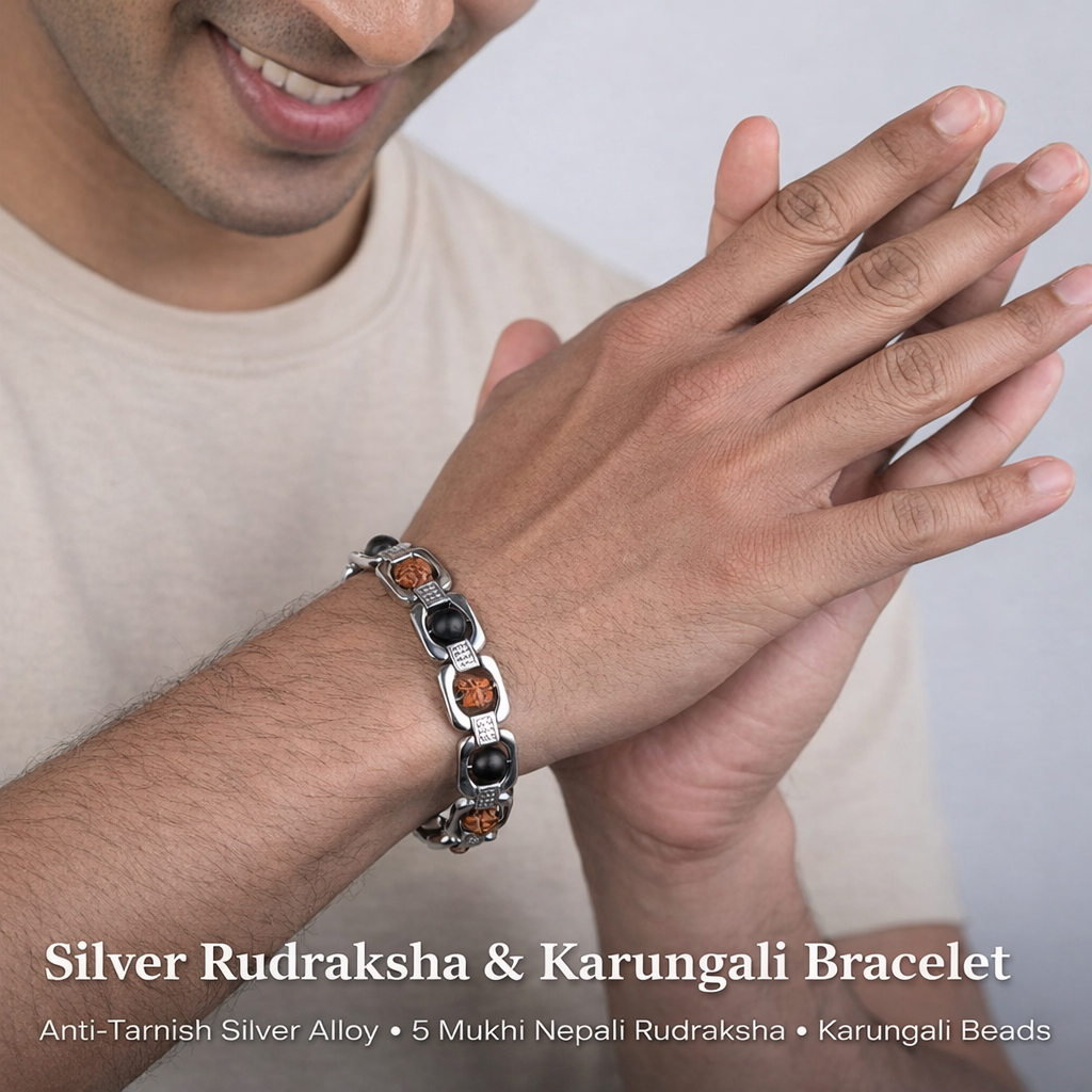 Metal Ruduraksha And Karungali Bracelet - silver