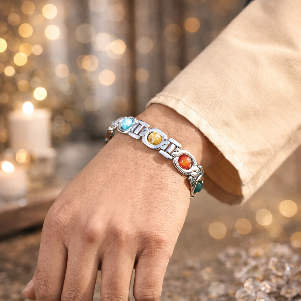 7 Chakra Stone Bracelet with Karungali Beads - Silver