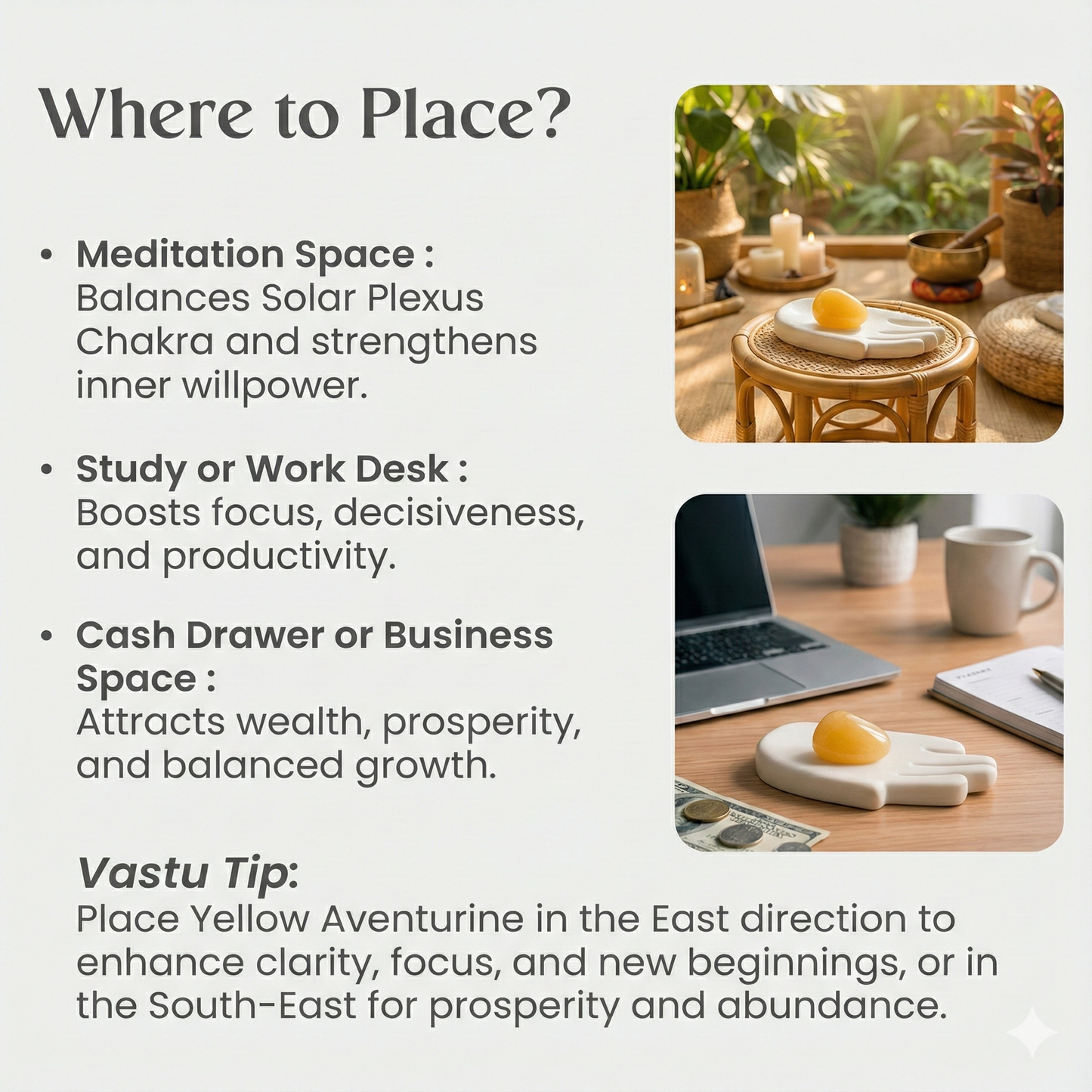 Polished Yellow Aventurine tumble stone on a white surface, known for confidence, motivation, and positive energy.