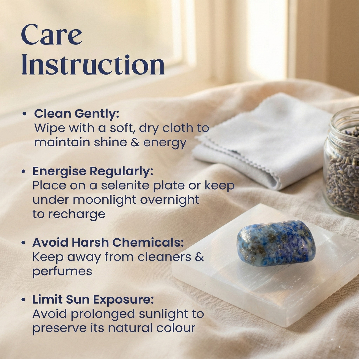 Natural polished Lapis Lazuli tumble stone with golden Pyrite inclusions for wisdom, intuition, and truth.