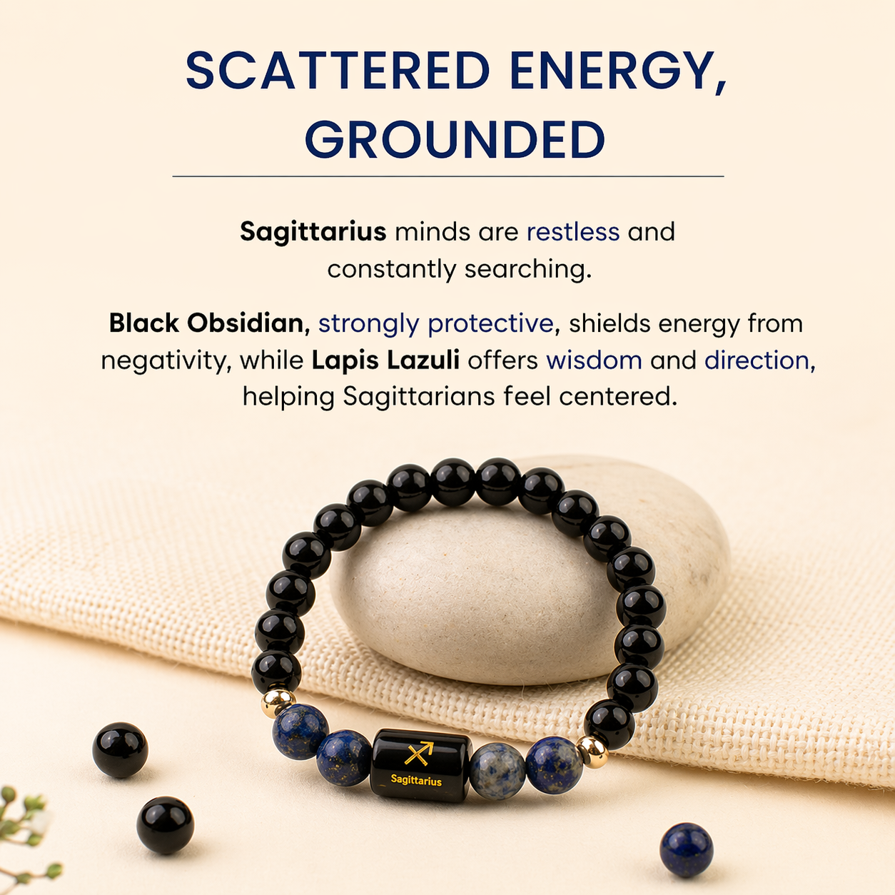 Sagittarius (धनु राशि) Zodiac Black Obsidian & Lapis Lazuli Bracelet