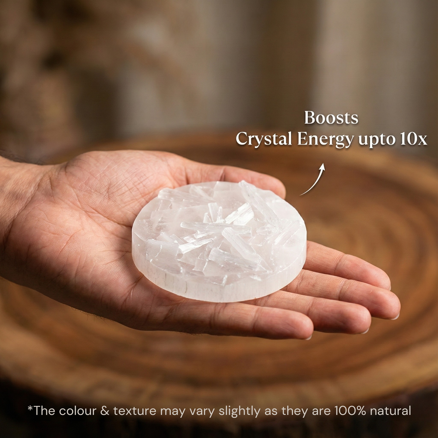 Hand holding a crystal with text about boosting crystal energy