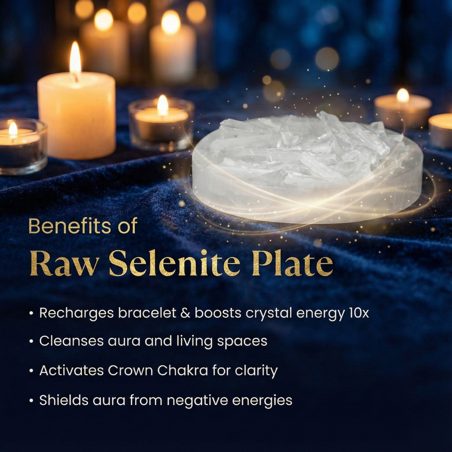Natural raw white Selenite charging plate for energy cleansing.