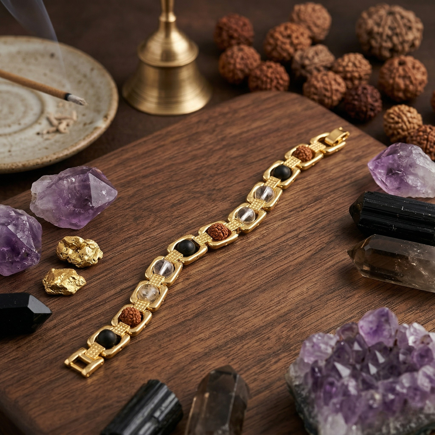 Rudraksh Karungali Clear Quartz Bracelet - Gold