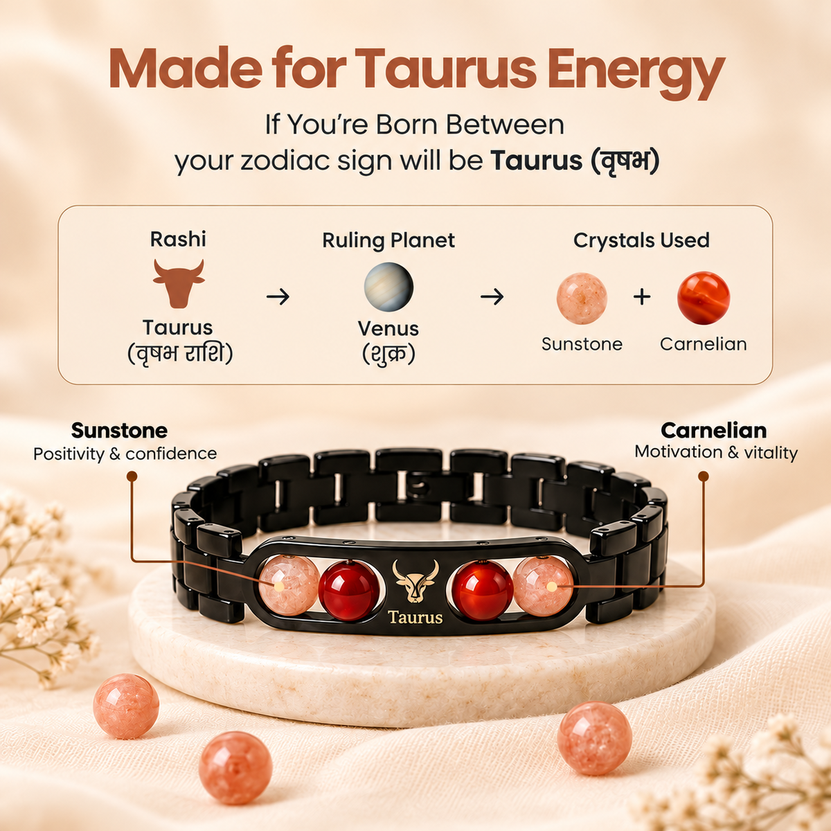 Taurus Zodiac Metal Bracelet with Free Raw Selenite Plate