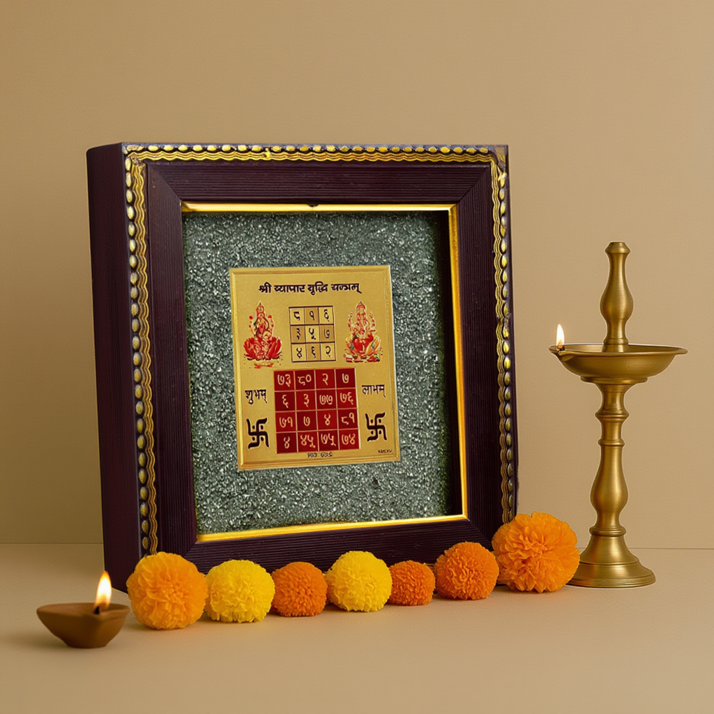 Vyapar Vridhhi Yantra raw pyrite frame for business and wealth.
