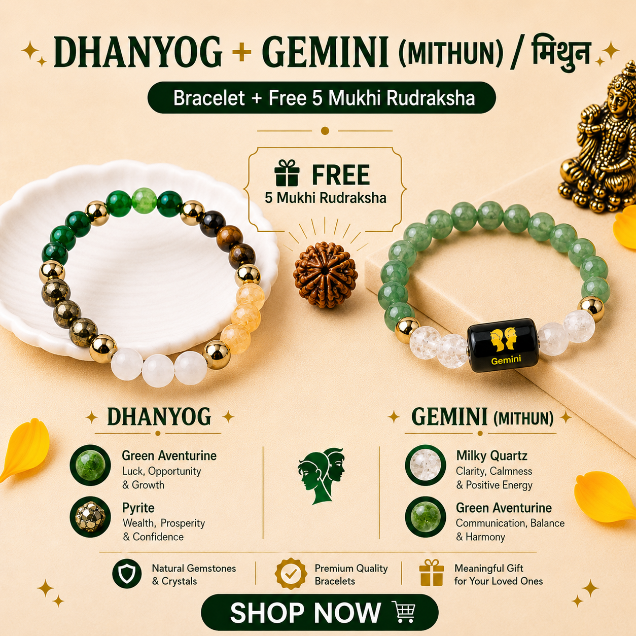 Gemini Zodiac & DhanYog Bracelet + FREE 5 Mukhi Rudraksha