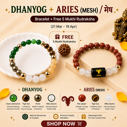 Aries (मेष राशि) Zodiac & DhanYog Eye Bracelet + FREE 5 Mukhi Rudraksha
