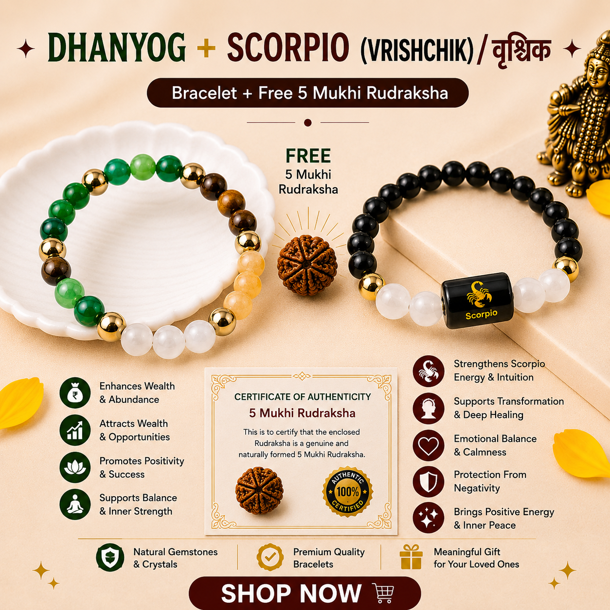 Scorpio Zodiac & DhanYog Bracelet + FREE 5 Mukhi Rudraksha