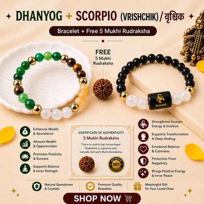 Scorpio Zodiac & DhanYog Bracelet + FREE 5 Mukhi Rudraksha