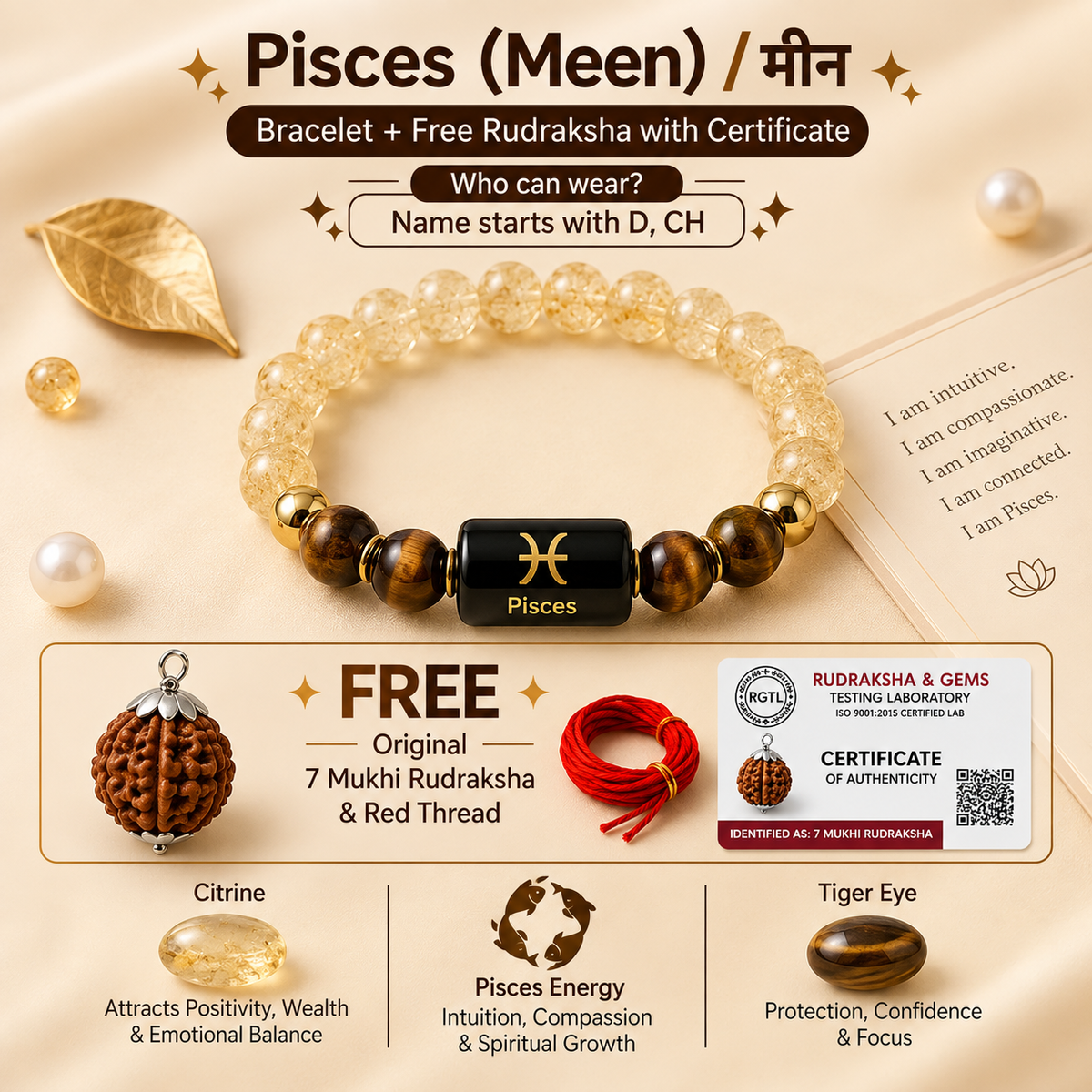 Pisces (मीन राशि) Zodiac Citrine & Tiger Eye Bracelet with Free 7 Mukhi Rudraksha