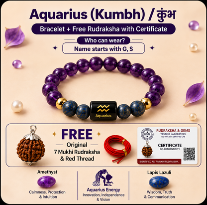 Aquarius (कुंभ राशि) Zodiac Amethyst & Lapis Lazuli Bracelet with Free 7 Mukhi Rudraksha