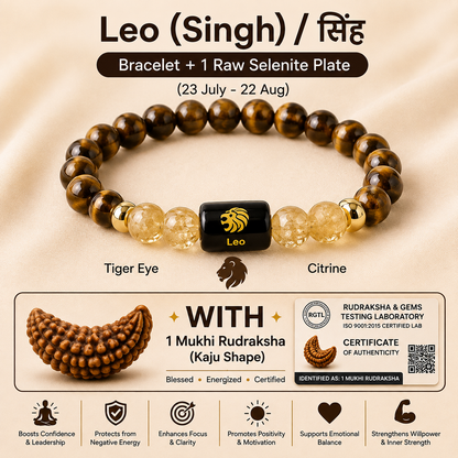 Leo (सिंह राशि) Zodiac Tiger Eye & Citrine Bracelet with 1 Mukhi Rudraksha
