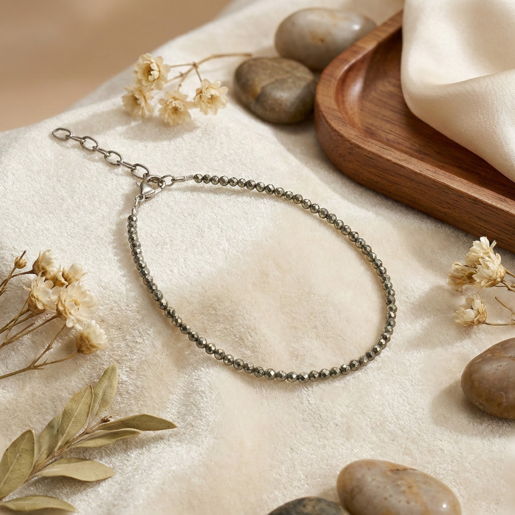 Premium Pyrite couple’s set featuring two matching beaded bracelets and two raw Pyrite anklets for wealth and protection.