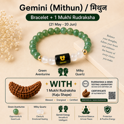 Gemini (मिथुन राशि) Zodiac Green Aventurine & Milky Quartz Bracelet With 1 Mukhi Rudraksha