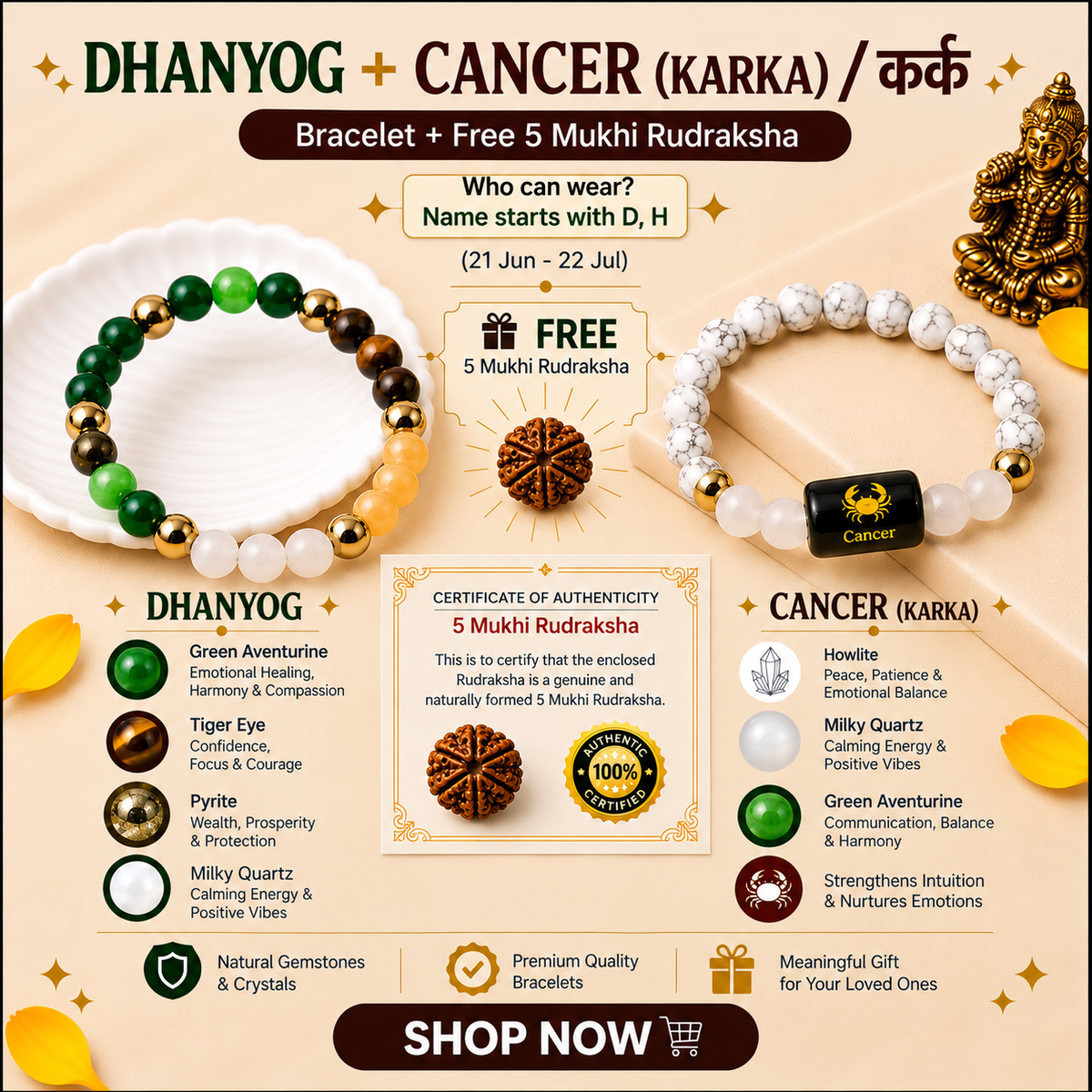 Cancer (कर्क राशि) Zodiac & DhanYog Bracelet + FREE 5 Mukhi Rudraksha