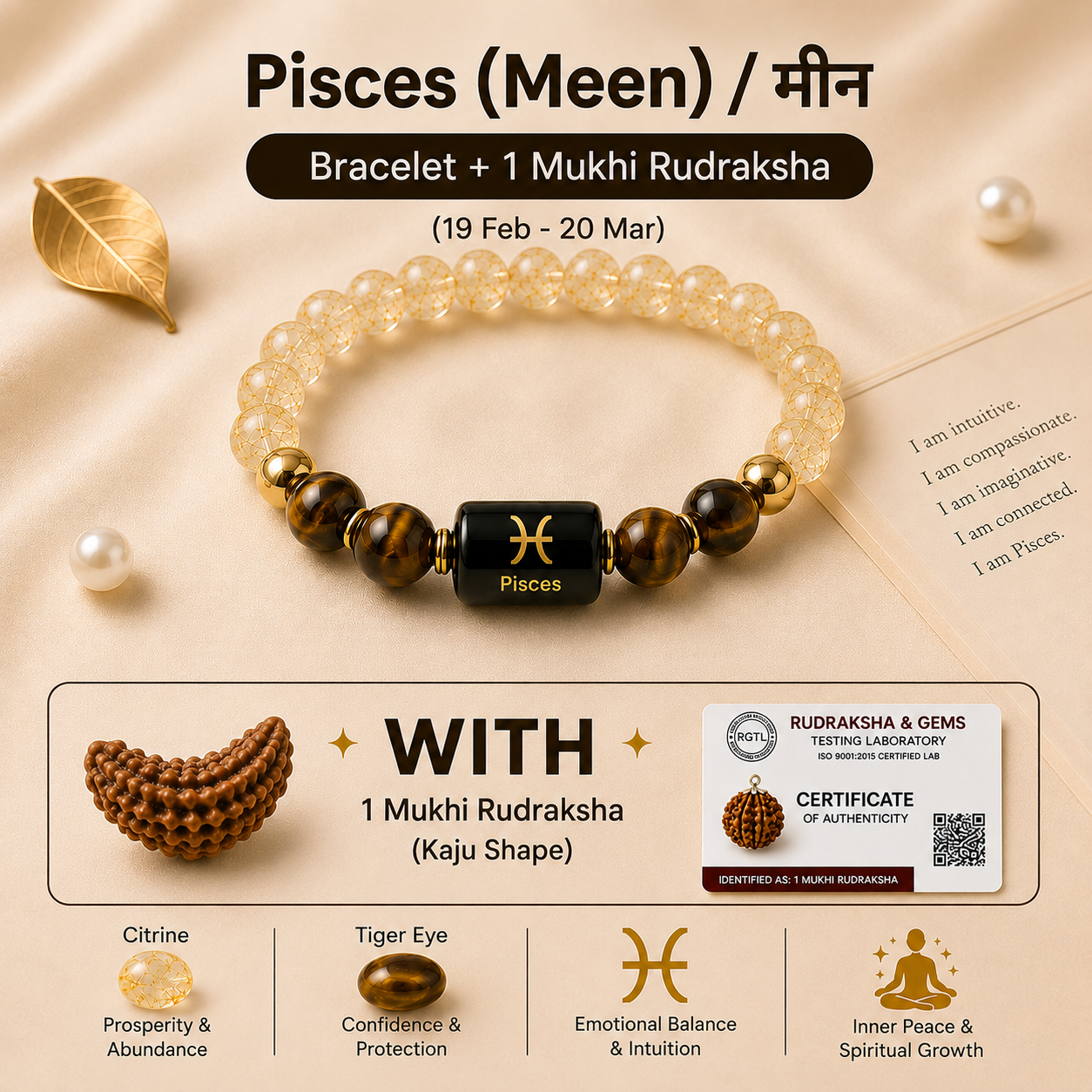 Pisces (मीन राशि) Zodiac Citrine & Tiger Eye Bracelet with 1 Mukhi Rudraksha