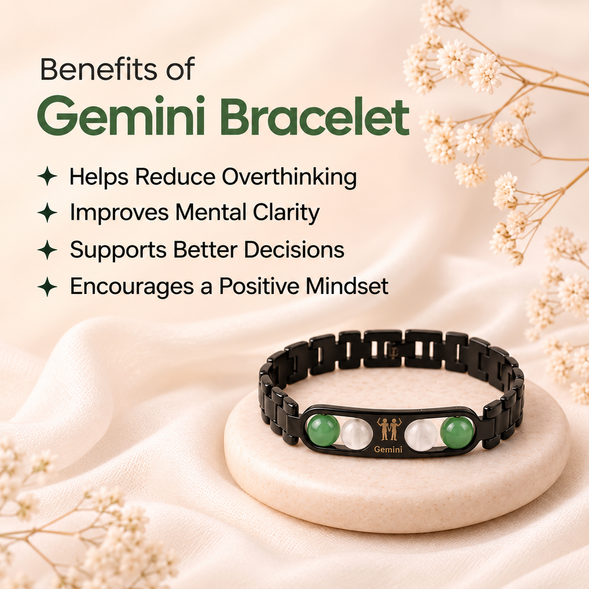 Gemini Zodiac Metal Bracelet with Free Raw Selenite Plate