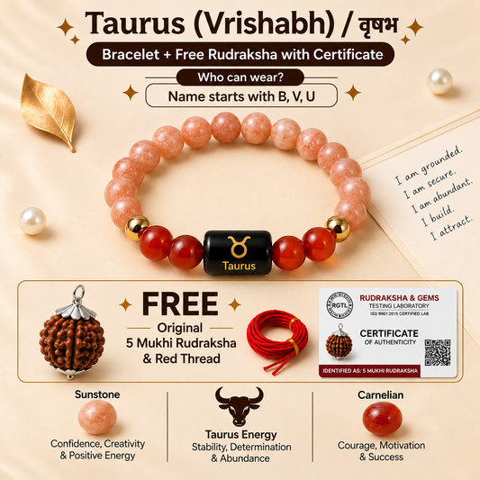 Taurus (वृषभ राशि) Zodiac Sunstone & Carnelian Bracelet with Free 5 Mukhi Rudraksha