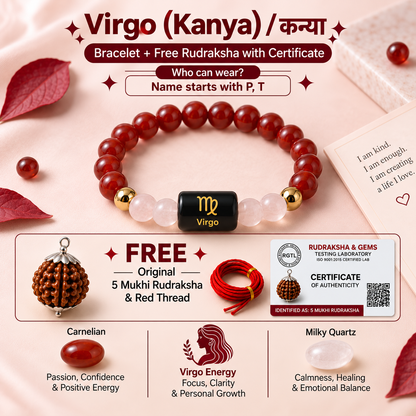 Virgo (कन्या राशि) Zodiac Carnelian & Milky Quartz Bracelet with Free 5 mukhi Rudraksha