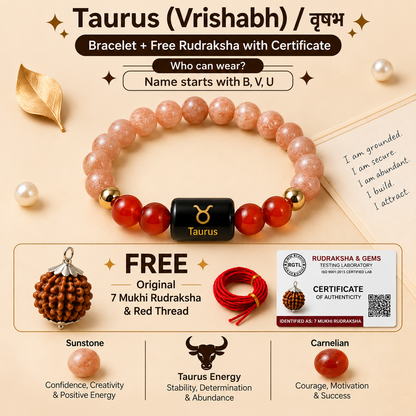 Taurus (वृषभ राशि) Zodiac Sunstone & Carnelian Bracelet with Free 7 Mukhi Rudraksha