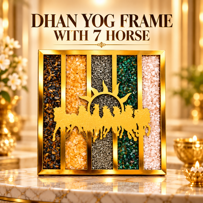 Dhan Yog 7 Horse Natural Crystal Frame with Divine Lakshmi Potli Size 12*12 | Feng Shui Wealth & Prosperity Combo