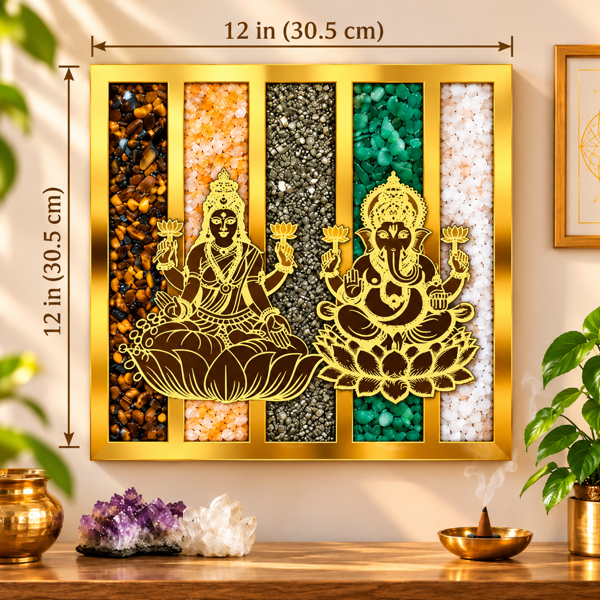 Dhan Yog Laxmi Ji & Ganesh Ji Frame |  12*12 Premium Golden Wall Decor with Divine Lakshmi Potli Combo