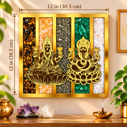 Dhan Yog Laxmi Ji & Ganesh Ji Frame |  12*12 Premium Golden Wall Decor with Divine Lakshmi Potli Combo