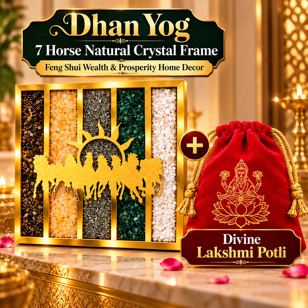 Dhan Yog 7 Horse Natural Crystal Frame with Divine Lakshmi Potli Size ...