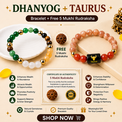Taurus Zodiac & DhanYog Bracelet + FREE 5 Mukhi Rudraksha
