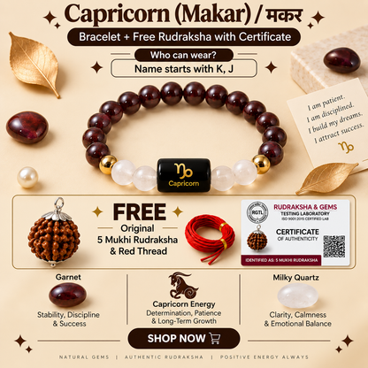 Capricorn (मकर राशि) Zodiac Garnet & Milky Quartz Bracelet with Free 5 Mukhi Rudraksha