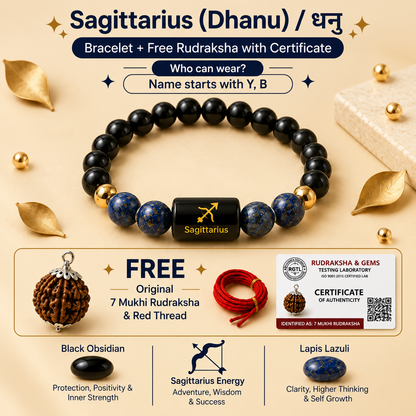 Sagittarius (धनु राशि) Zodiac Black Obsidian & Lapis Lazuli Bracelet with Free 7 Mukhi Rudraksha