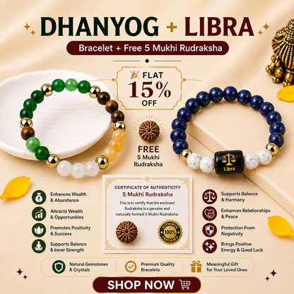 Libra Zodiac & DhanYog Bracelet + FREE 5 Mukhi Rudraksha