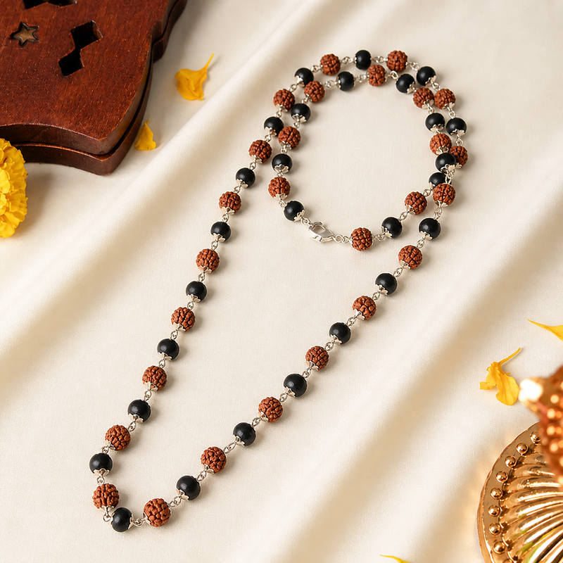 Divya Raksha Rudraksha & Karungali Mala with Silver Capping