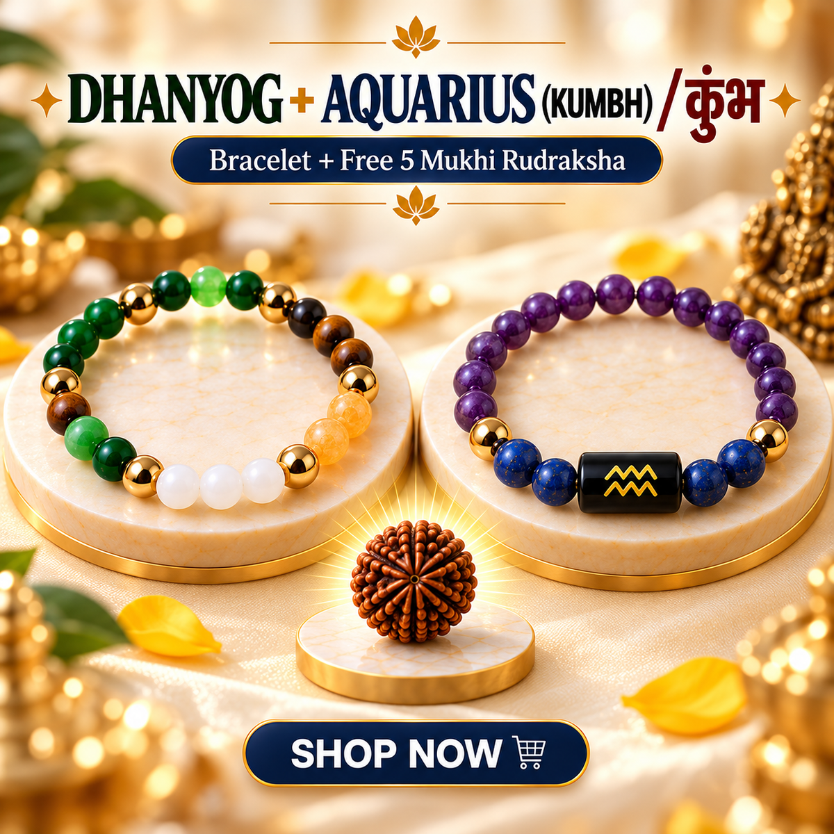 Aquarius Zodiac & DhanYog Bracelet + FREE 5 Mukhi Rudraksha