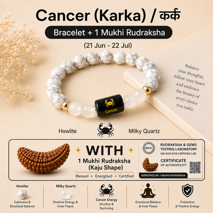 Cancer (कर्क राशि) Zodiac Howlite & Milky Quartz Bracelet with 1 Mukhi Rudraksha