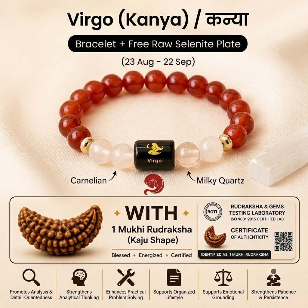 Virgo (कन्या राशि) Zodiac Carnelian & Milky Quartz Bracelet with 1 Mukhi Rudraksha