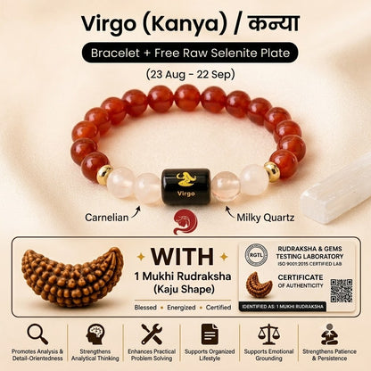 Virgo (कन्या राशि) Zodiac Carnelian & Milky Quartz Bracelet with 1 Mukhi Rudraksha