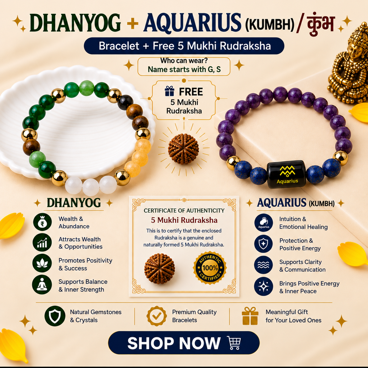 Aquarius Zodiac & DhanYog Bracelet + FREE 5 Mukhi Rudraksha