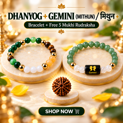 Gemini Zodiac & DhanYog Bracelet + FREE 5 Mukhi Rudraksha
