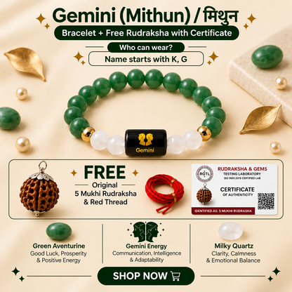 Gemini (मिथुन राशि) Zodiac Green Aventurine & Milky Quartz Bracelet With Free 5 mukhi Rudraksha