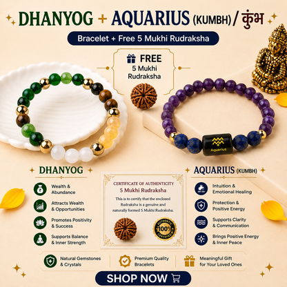 Aquarius Zodiac & DhanYog Bracelet + FREE 5 Mukhi Rudraksha